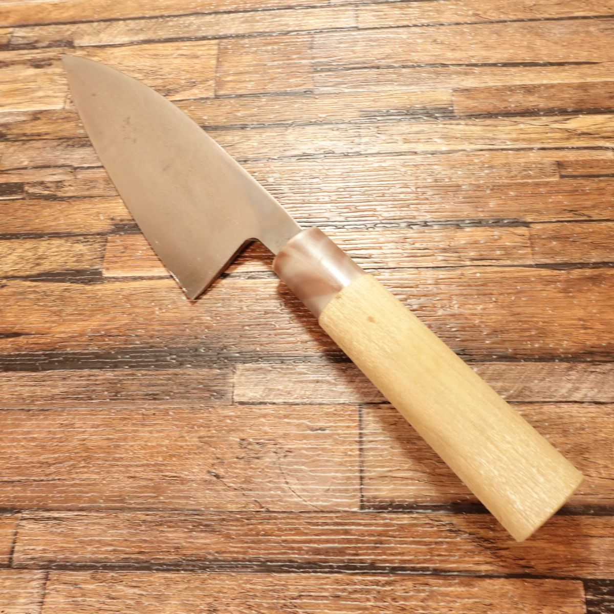 Teruhide Deba Knife, Sharpened, Marble Pattern Handle, Ai-Deba Knife, With Seal, Teruhide Saku, 155mm