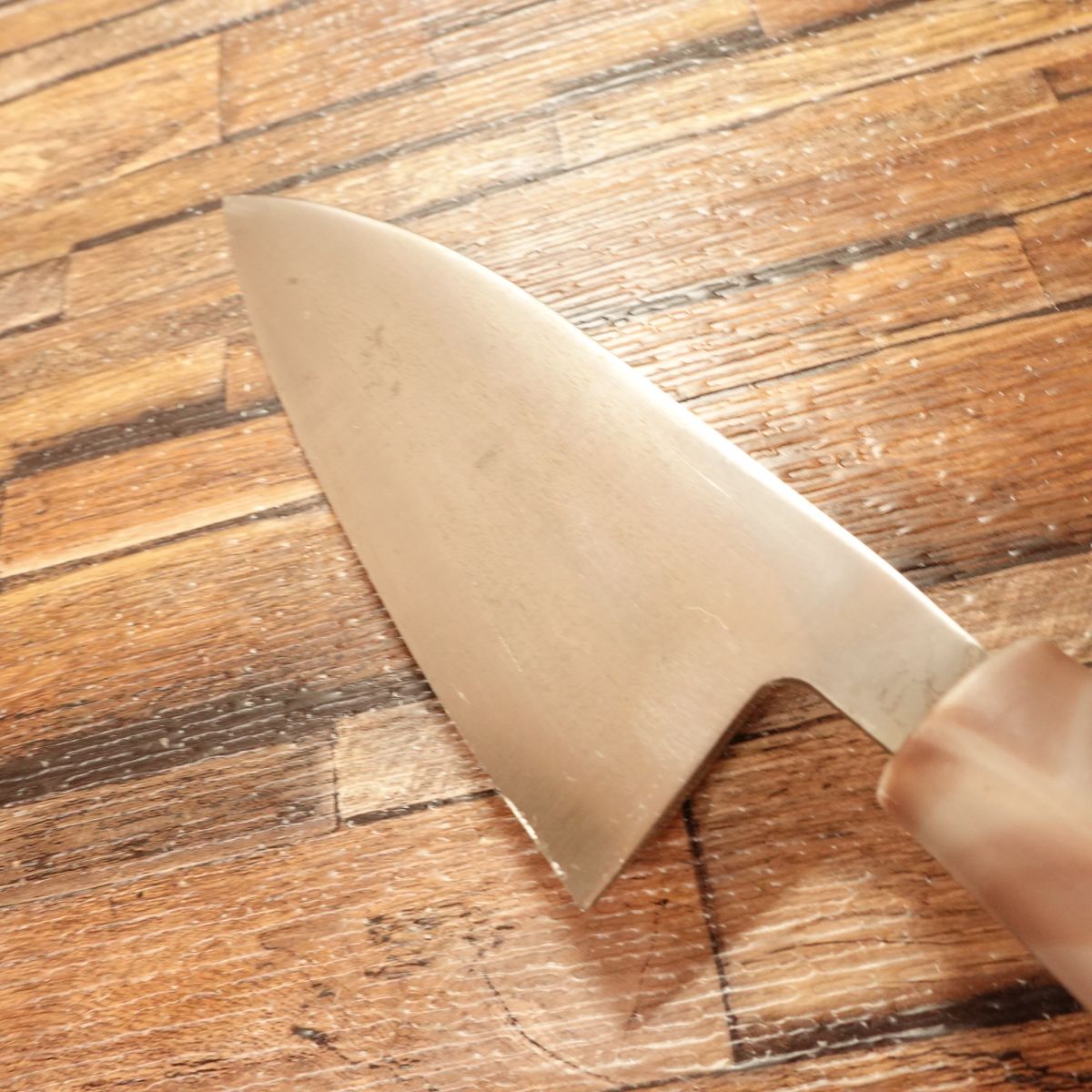 Teruhide Deba Knife, Sharpened, Marble Pattern Handle, Ai-Deba Knife, With Seal, Teruhide Saku, 155mm