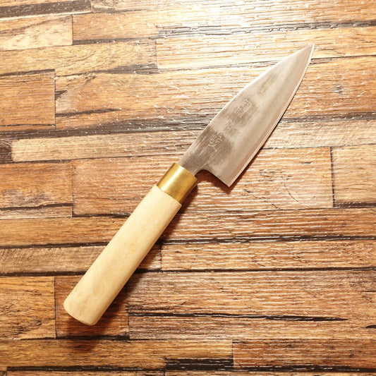 Yushun Aji-Kiri Knife, Sharpened, Ko-Deba, Double-Edged, Kurouchi, Hagane, 100mm