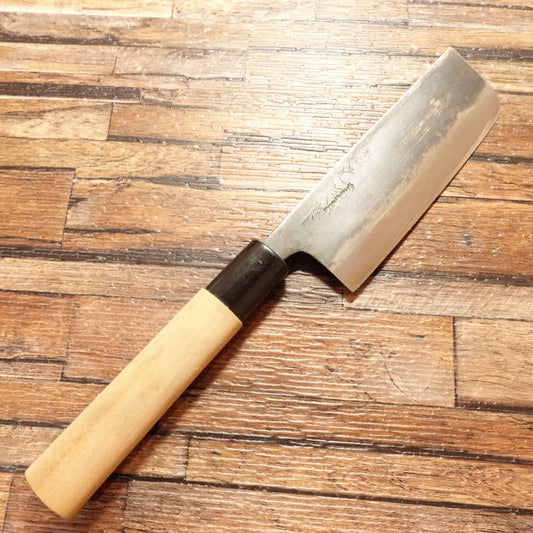 Mitsutomo Nakiri Knife, Sharpened, Black-Forged, Compact Nakiri, Yasuki Aogami Steel, Inscribed "光朝作" (Mitsutomo Saku), 120mm