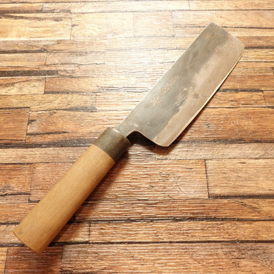 Kikusue Nakiri Knife, Sharpened, Buffalo Horn Handle, Black-Forged, Chigusa Steel, Double Bevel, 160mm