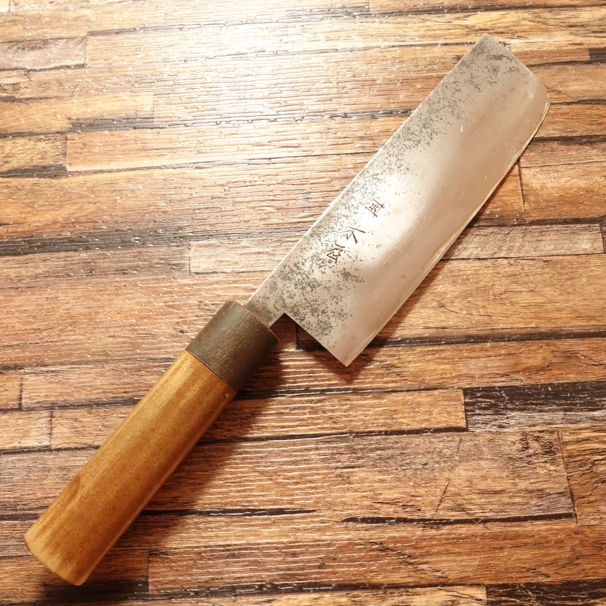 Izutsuki Kiya Nakiri Knife, Sharpened, Water Buffalo Handle, Yasuki Aogami Steel, Black-Forged, Lightly Used, 170mm