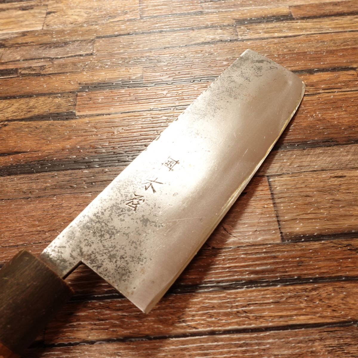 Izutsuki Kiya Nakiri Knife, Sharpened, Water Buffalo Handle, Yasuki Aogami Steel, Black-Forged, Lightly Used, 170mm