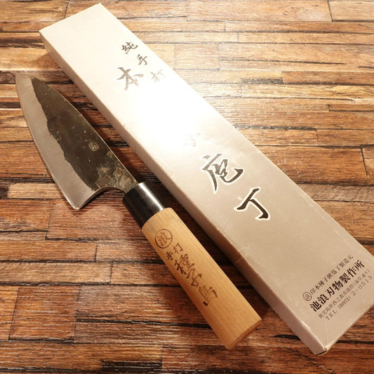 Honshu Double-Bevel All-Purpose Knife, Sharpened, Ikenami Hamono Seisakusho, Tanegashima Black-Forged Wa-Santoku, Unused, Boxed, 175mm