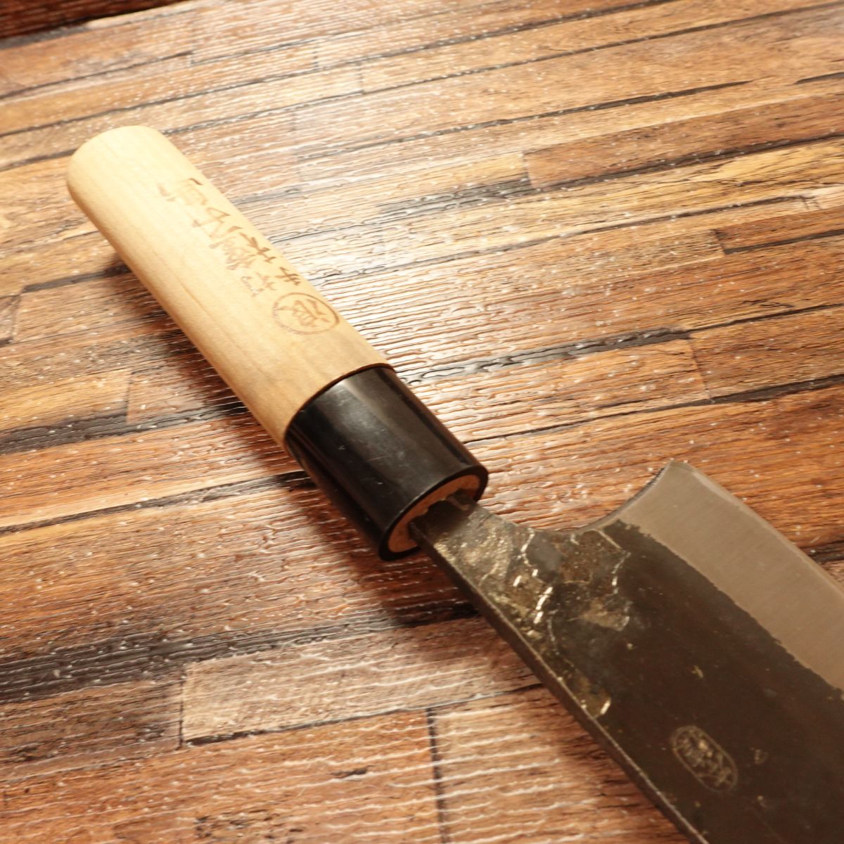 Honshu Double-Bevel All-Purpose Knife, Sharpened, Ikenami Hamono Seisakusho, Tanegashima Black-Forged Wa-Santoku, Unused, Boxed, 175mm