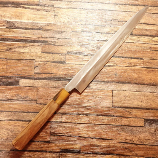 Kikusue Yanagiba Knife, Sharpened, Forged by Swordsmith Mizuno Masanori, Sashimi Knife, White Water Buffalo Handle, High-Carbon Steel, Rare, 275mm