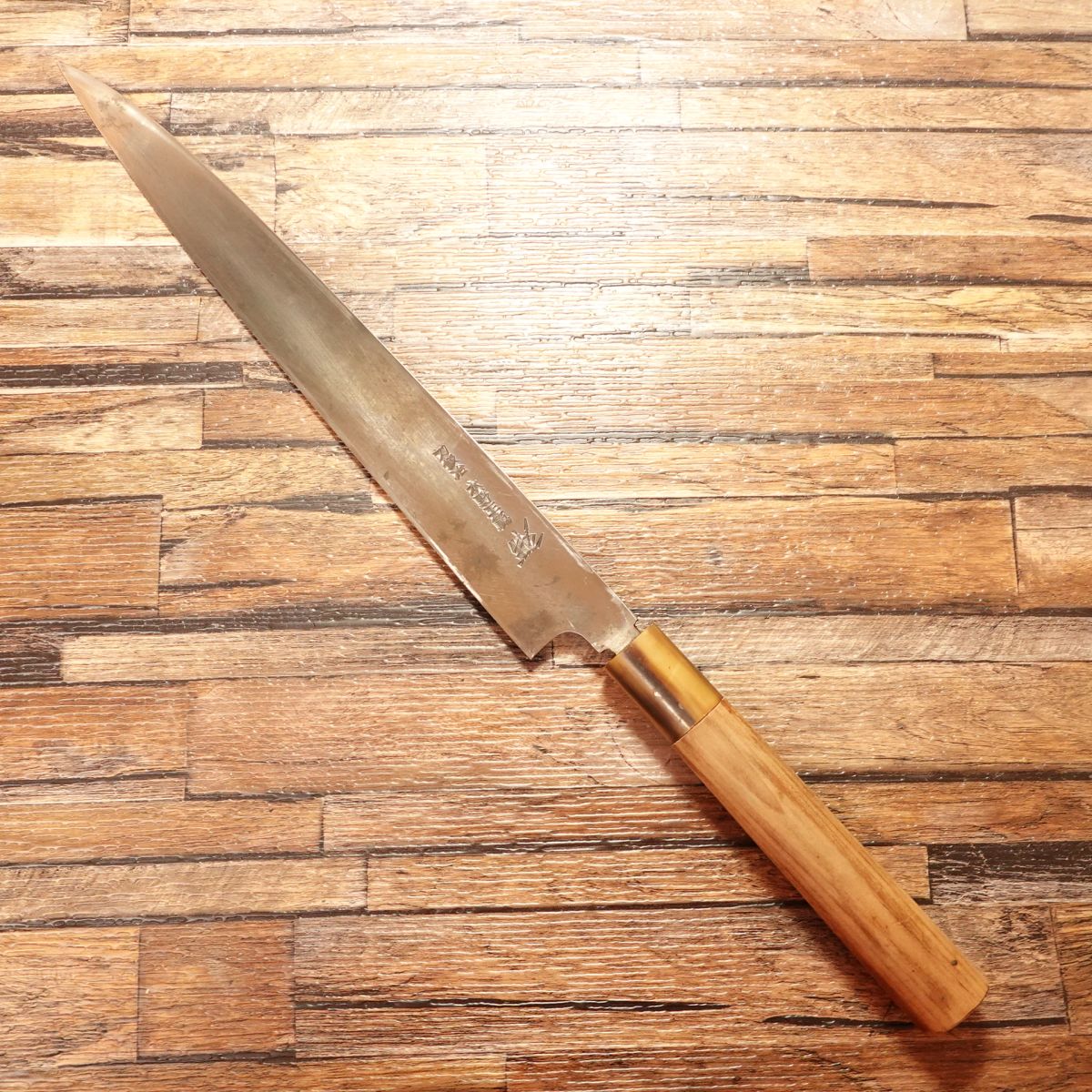Kikusue Yanagiba Knife, Sharpened, Forged by Swordsmith Mizuno Masanori, Sashimi Knife, White Water Buffalo Handle, High-Carbon Steel, Rare, 275mm