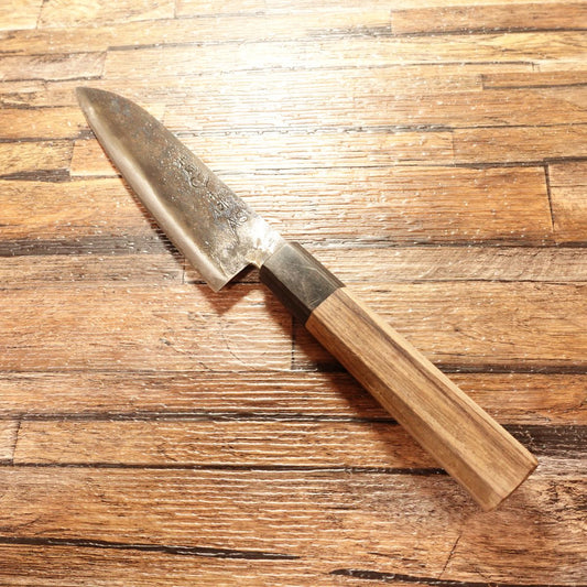 Niimi Shosui Ko-Santoku Knife, Sharpened, Kurouchi, Aogami Super, Wide Petty Style, 135mm