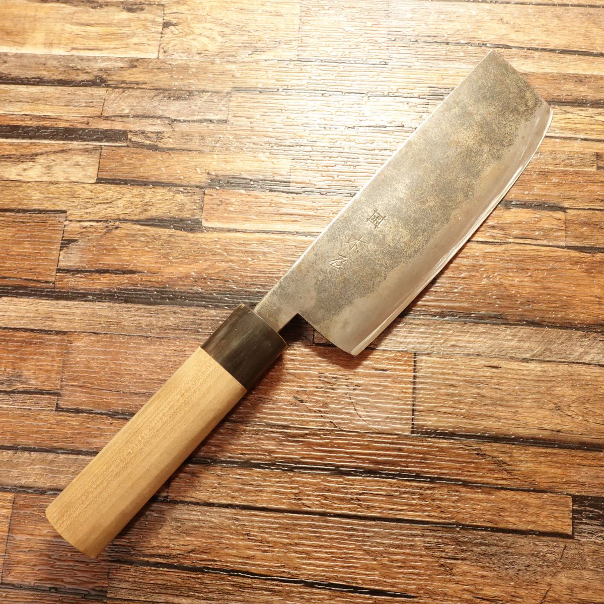 Izutsuki Kiya Nakiri Knife, Sharpened, Water Buffalo Handle, Yasugi Blue Paper Steel, Black Finish, Excellent Condition, 160 mm