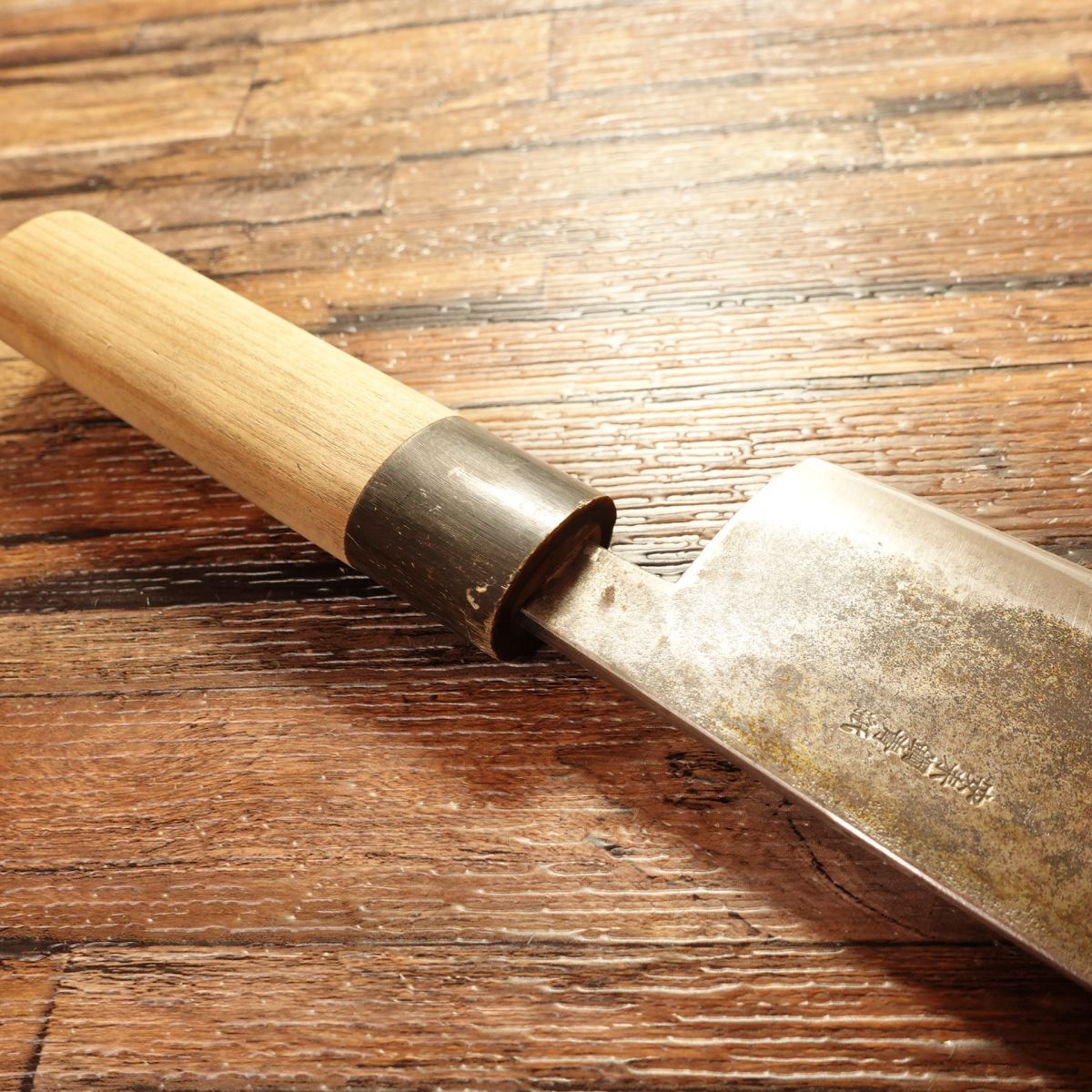 Izutsuki Kiya Nakiri Knife, Sharpened, Water Buffalo Handle, Yasugi Blue Paper Steel, Black Finish, Excellent Condition, 160 mm