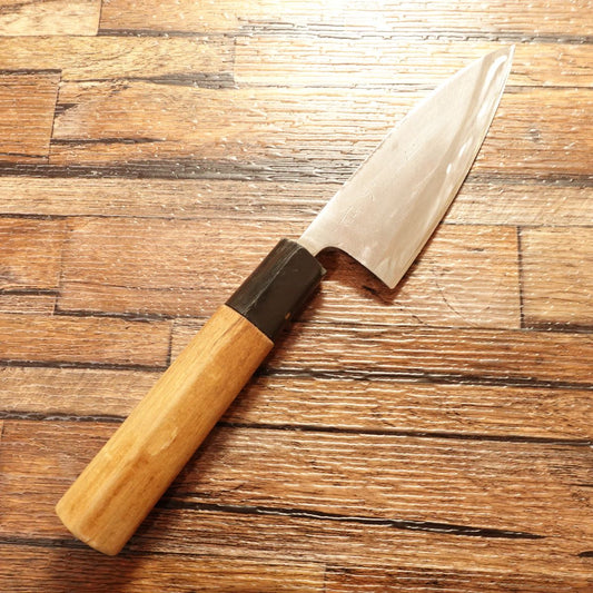 Sakai Shugaku Aji‑Kiri (Small Deba) Knife, Sharpened, Special Aji Cutter, 105 mm (note: some damage on the spine)