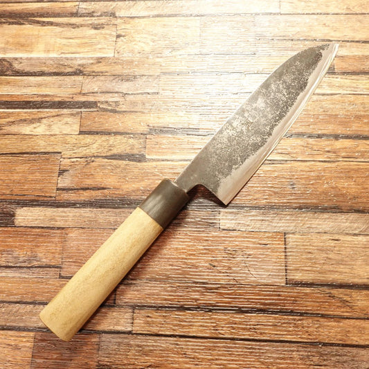 Izutsuki Kiya Wa‑Santoku Knife, Sharpened, Water Buffalo Handle, Yasugi Blue Paper Steel, Black Finish, All‑Purpose “Wa” Gyuto Style, 165 mm