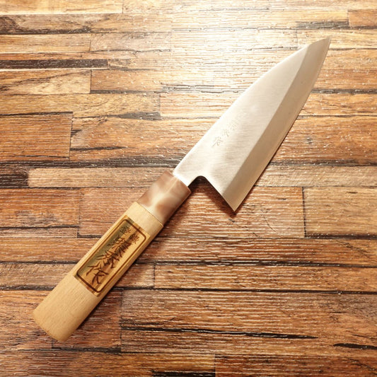 Teruhide Aio‑Deba Knife, Sharpened, Hagane, Deba Blade, Marble Handle, with Brand Sticker, Unused Storage, 160 mm