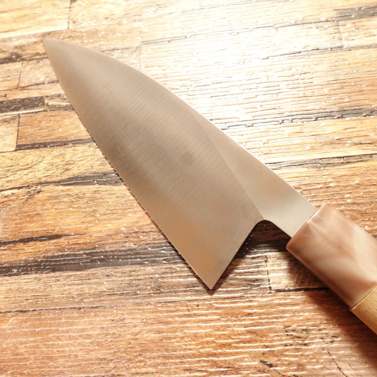 Teruhide Aio‑Deba Knife, Sharpened, Hagane, Deba Blade, Marble Handle, with Brand Sticker, Unused Storage, 160 mm