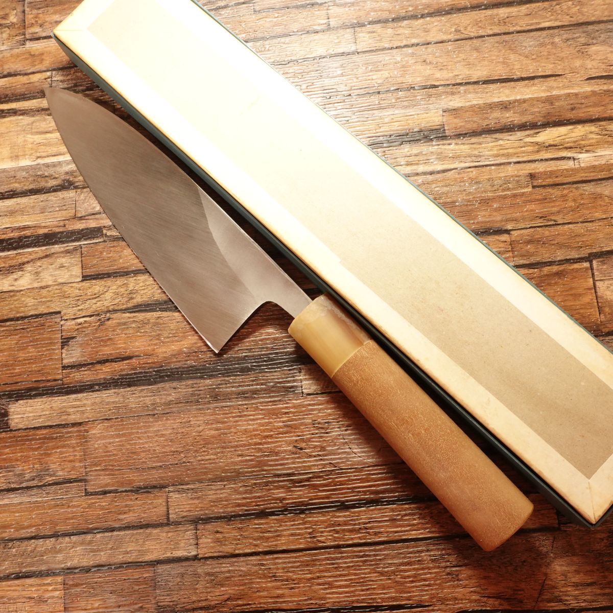 Masamoto Sohonten Deba Knife, Sharpened, White Water Buffalo Handle, Unused Stored Item, Boxed, Small Worm Damage on Handle, 185mm