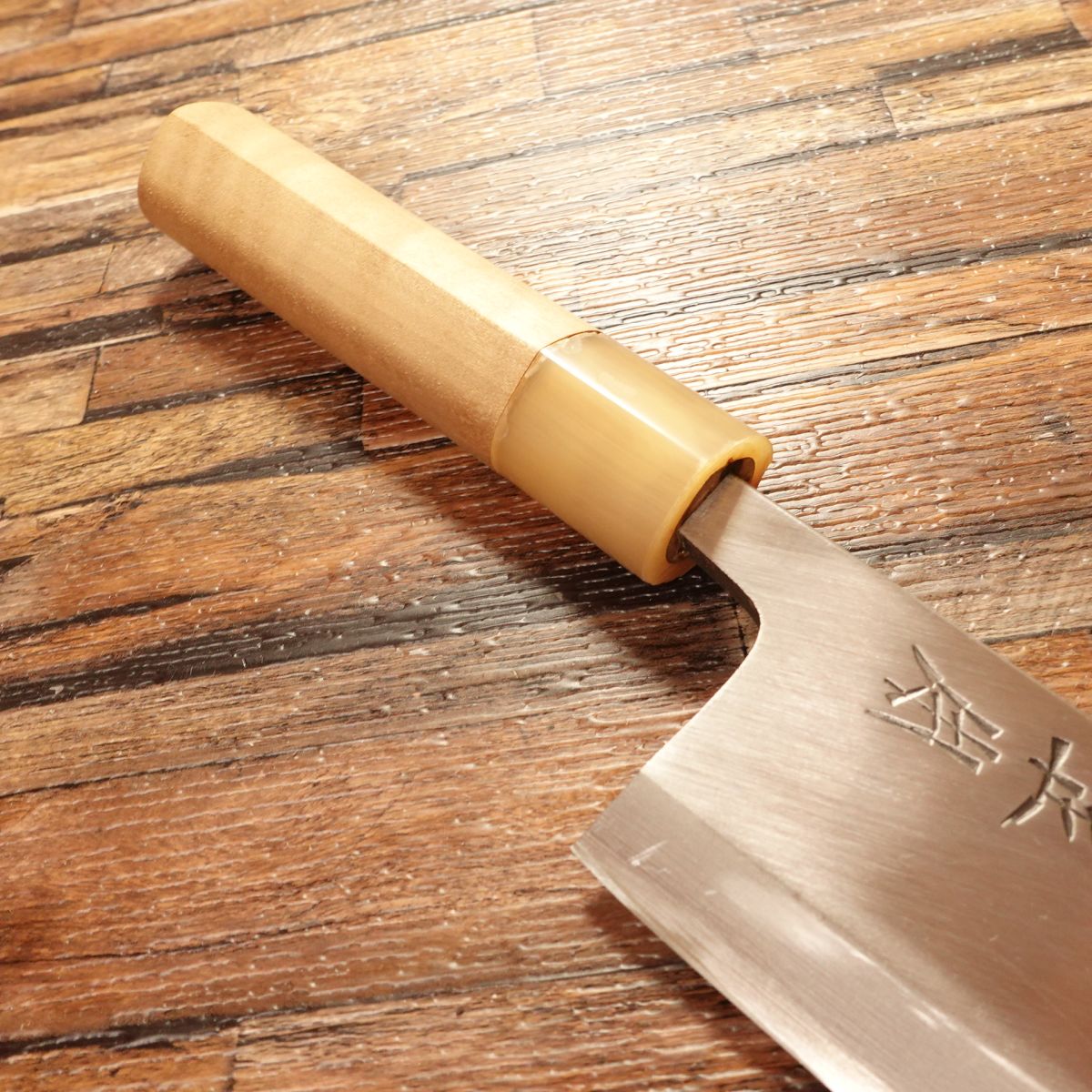 Masamoto Sohonten Deba Knife, Sharpened, White Water Buffalo Handle, Unused Stored Item, Boxed, Small Worm Damage on Handle, 185mm