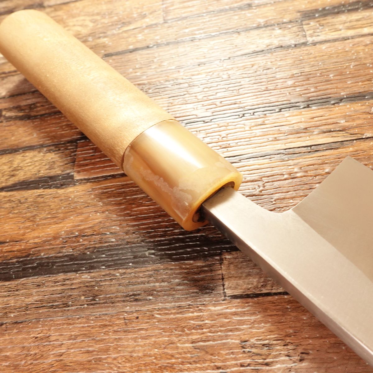 Masamoto Sohonten Deba Knife, Sharpened, White Water Buffalo Handle, Unused Stored Item, Boxed, Small Worm Damage on Handle, 185mm