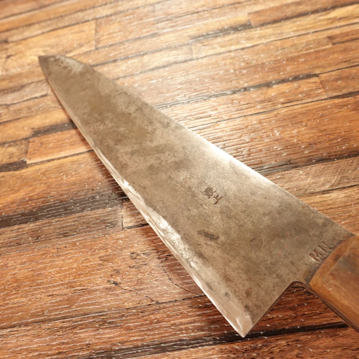 Minamoto Masayuki Western Deba Knife, Sharpened, Kuro-Uchi, Gyuto Style, Black Rust Finish, Semi-Single Bevel 8:2, Carefully Used, 240mm