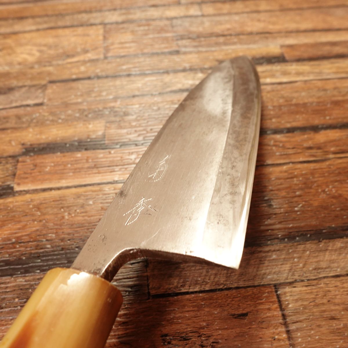 Kikusue Deba Knife, Sharpened, White Water Buffalo Handle, Funayuki, Hagane, Single Bevel, 155mm