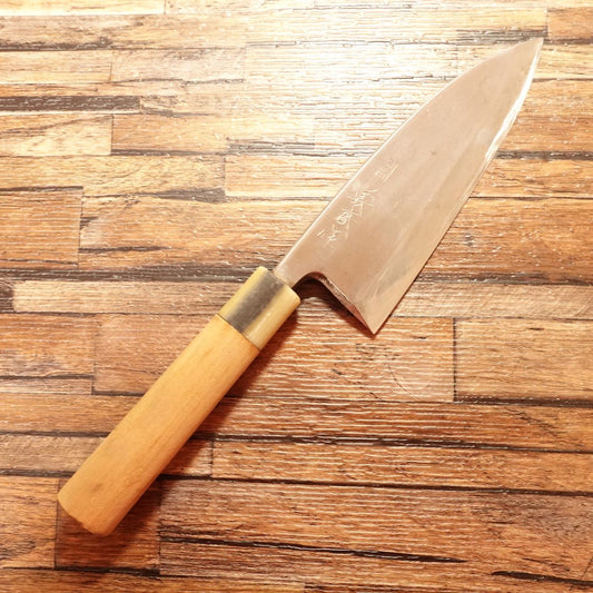 Yoshimori Deba Knife, Sharpened, White Water Buffalo Handle, Yoshimori Work, Hagane, Single Bevel, 155mm