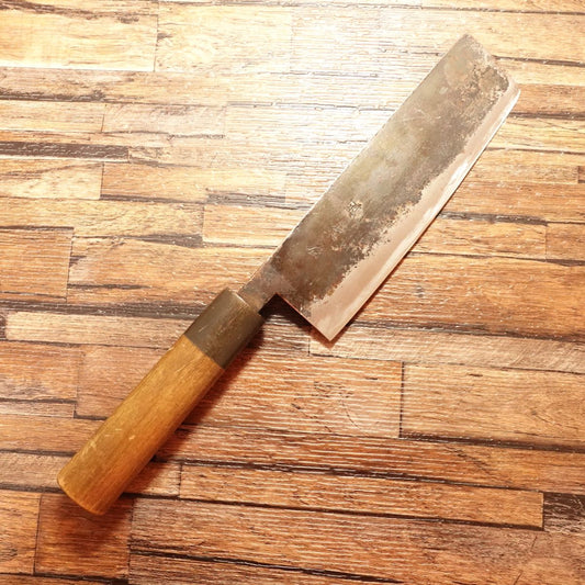 Izutsuki Kiya Nakiri Knife, Sharpened, Water Buffalo Handle, Yasuki Blue Steel, Kuro-Uchi, 160mm