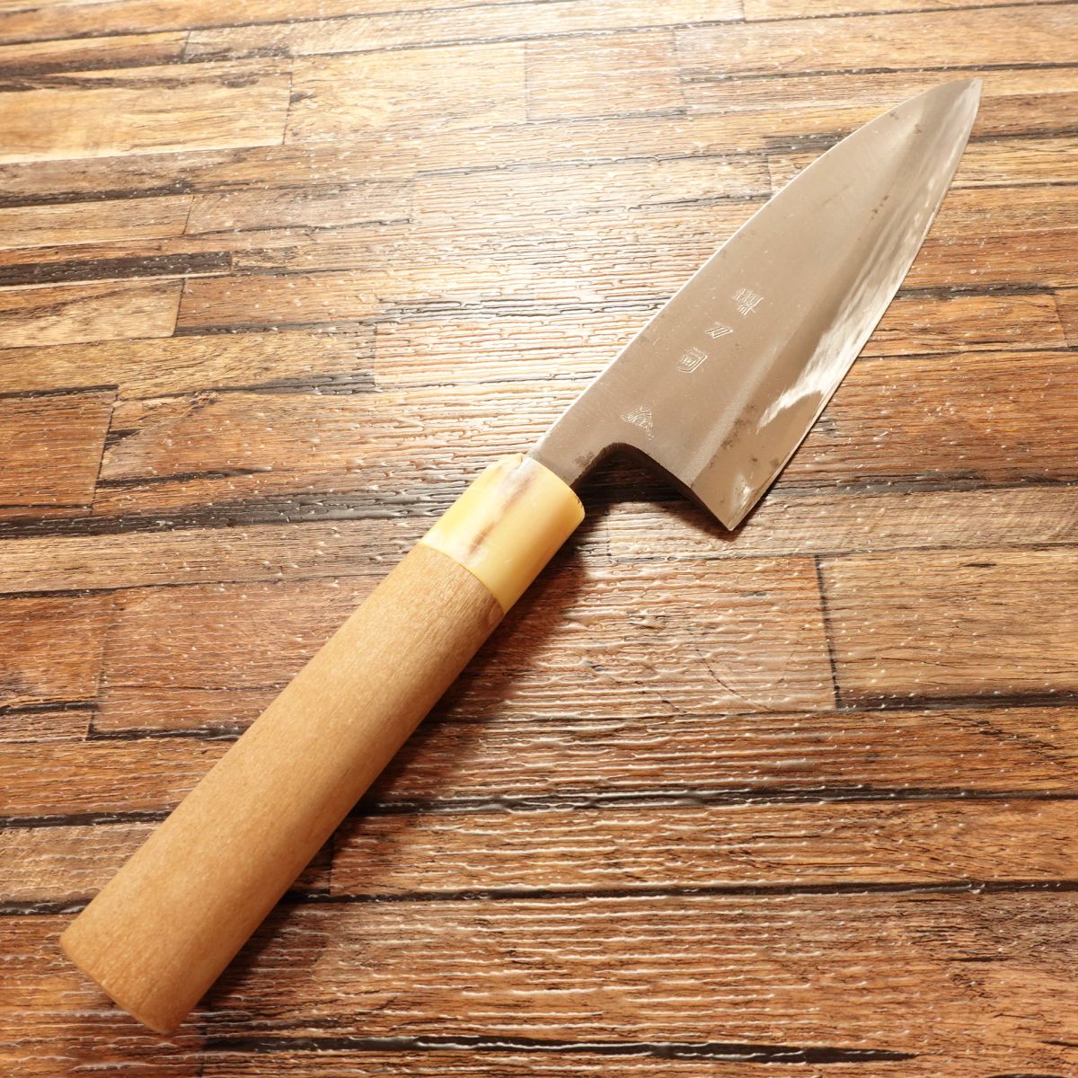 Sakai Toji Deba Knife, Sharpened, White Water Buffalo Handle, Made by Iwakuni, Hagane Steel, Single Bevel, Lightly Used, 170mm
