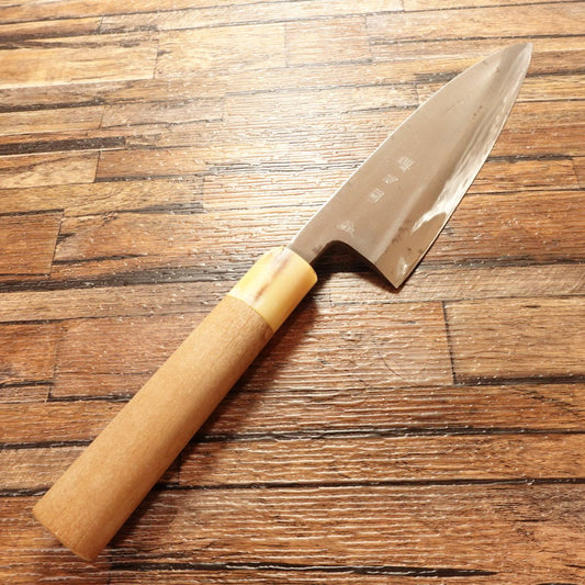 Sakai Toji Deba Knife, Sharpened, White Water Buffalo Handle, Made by Iwakuni, Hagane Steel, Single Bevel, Lightly Used, 170mm