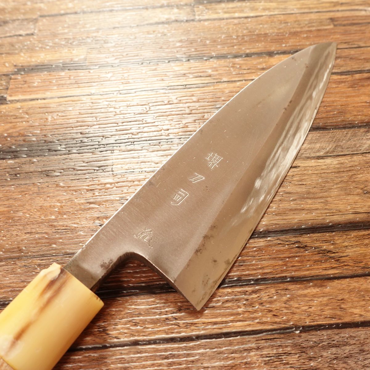 Sakai Toji Deba Knife, Sharpened, White Water Buffalo Handle, Made by Iwakuni, Hagane Steel, Single Bevel, Lightly Used, 170mm