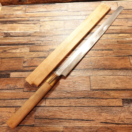 Masamoto Tako-Hiki Knife, Sharpened, White Water Buffalo Handle, Sashimi Knife, Octopus Cutter, With Wooden Saya, 305mm