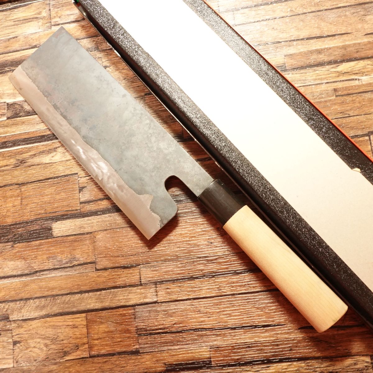 Kiya Noodle Cutter Knife, Sharpened, Kurouchi Finish, Water Buffalo Handle, Nearly Unused Stored Item, Boxed, 235mm