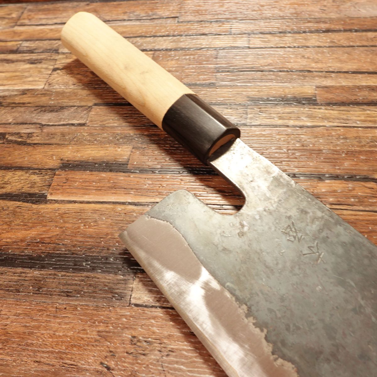 Kiya Noodle Cutter Knife, Sharpened, Kurouchi Finish, Water Buffalo Handle, Nearly Unused Stored Item, Boxed, 235mm