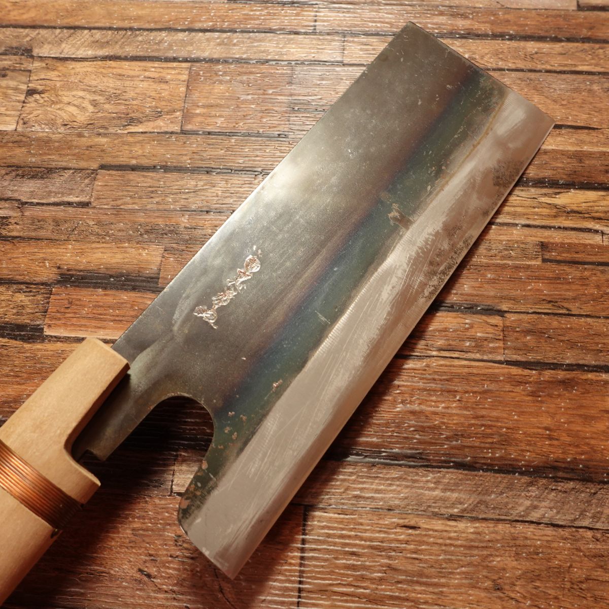 Tadafusa Noodle Cutter Knife, Sharpened, Kurouchi Finish, “Tora” Engraving, Nearly Unused Stored Item, Boxed, 215mm