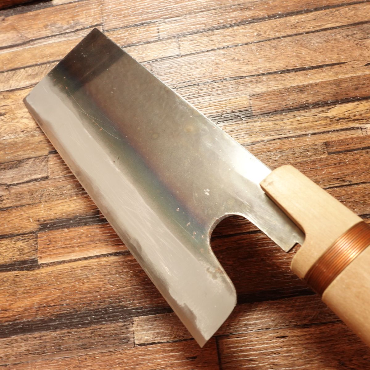 Tadafusa Noodle Cutter Knife, Sharpened, Kurouchi Finish, “Tora” Engraving, Nearly Unused Stored Item, Boxed, 215mm