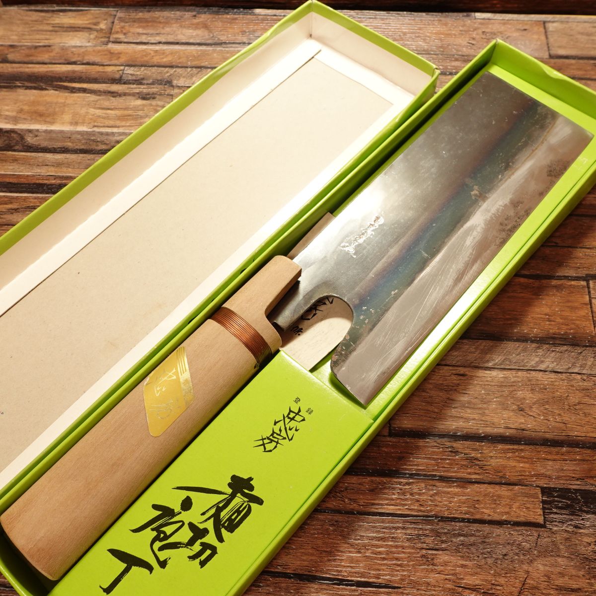 Tadafusa Noodle Cutter Knife, Sharpened, Kurouchi Finish, “Tora” Engraving, Nearly Unused Stored Item, Boxed, 215mm