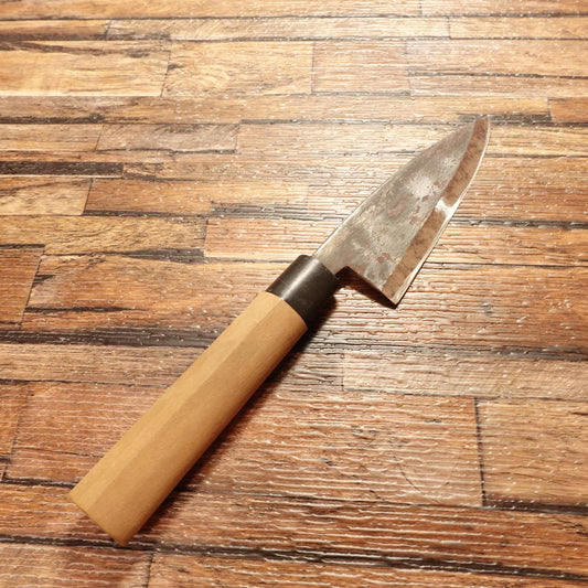 Tamashige Aji-Kiri Knife, Sharpened, Kurouchi Finish, Small Deba Knife, Hagane Steel, Kunishige, 105mm