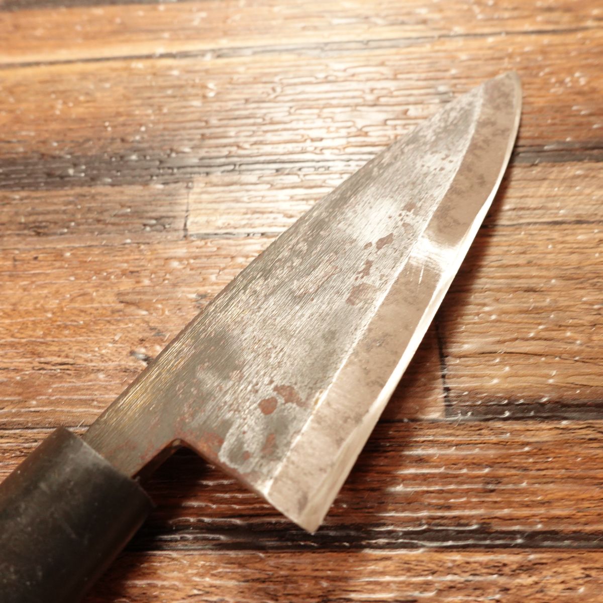 Tamashige Aji-Kiri Knife, Sharpened, Kurouchi Finish, Small Deba Knife, Hagane Steel, Kunishige, 105mm