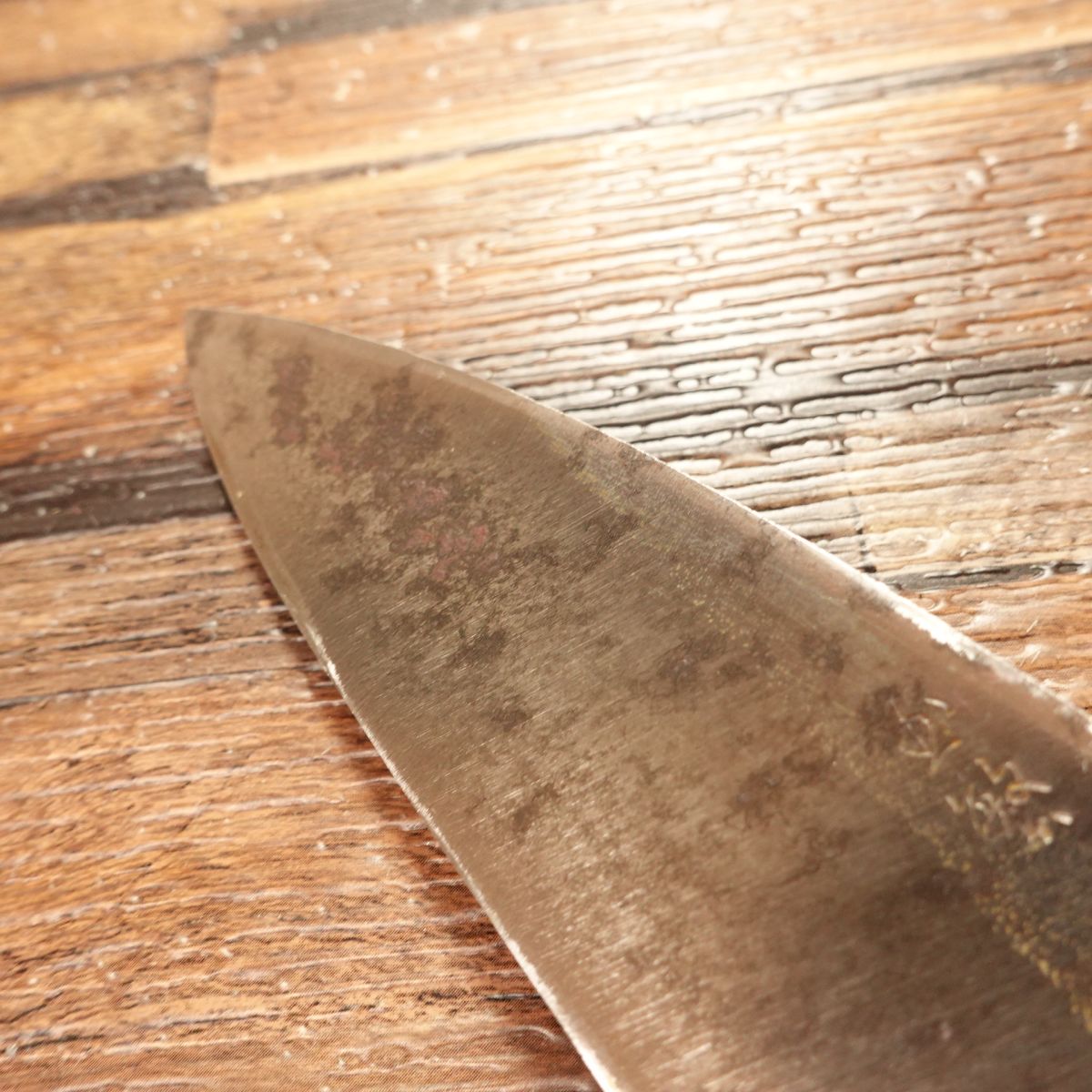 Tamashige Aji-Kiri Knife, Sharpened, Kurouchi Finish, Small Deba Knife, Hagane Steel, Kunishige, 105mm