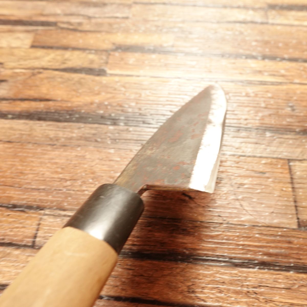 Tamashige Aji-Kiri Knife, Sharpened, Kurouchi Finish, Small Deba Knife, Hagane Steel, Kunishige, 105mm