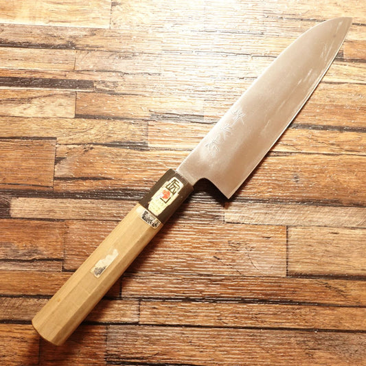 Sakai Hidetada Santoku Knife, Sharpened, Water Buffalo Octagonal Handle, All‑Purpose, Hagane, With Sakai Hammered Blade Label, Traditional Craft, 175 mm