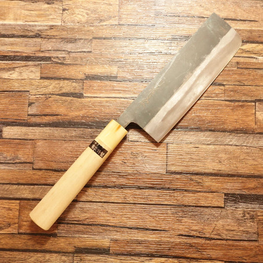 Aritsugu Nakiri Knife, Sharpened, White Water Buffalo Handle, Black Finish, Double Bevel, 165mm