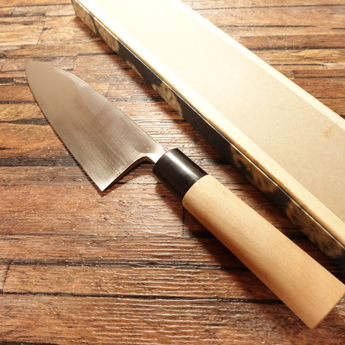 Mitake Deba Knife, Sharpened, Kurouchi, Hammered Pattern, Unused Stored Item, Boxed, 155mm