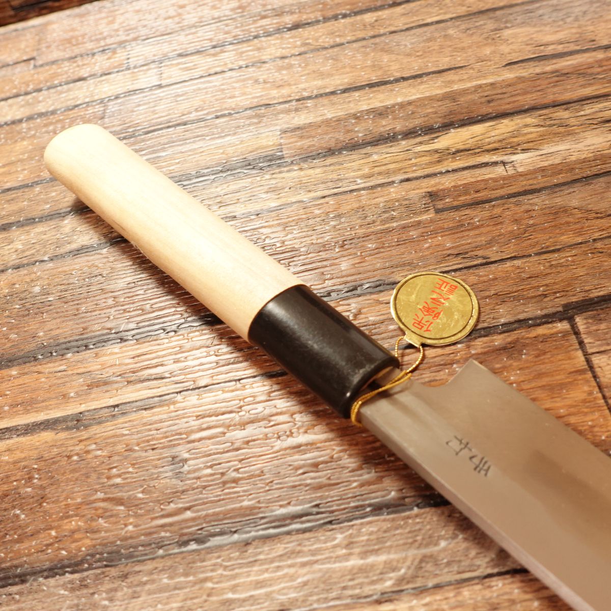 Mitake Yanagiba Knife, Sharpened, Kurouchi, Hammered Pattern, Sashimi Knife, Unused Stored Item, With Tag and Seal, Boxed, 210mm