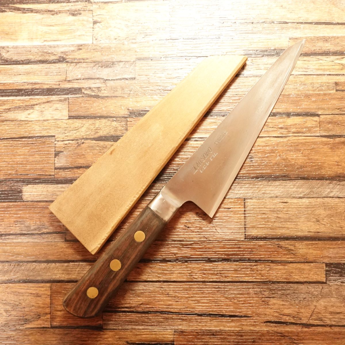 Misono Honesuki Knife, Sharpened, Misono Boning Knife, Swedish Steel, Some Hammer Marks on Spine, Wooden Saya, 180mm