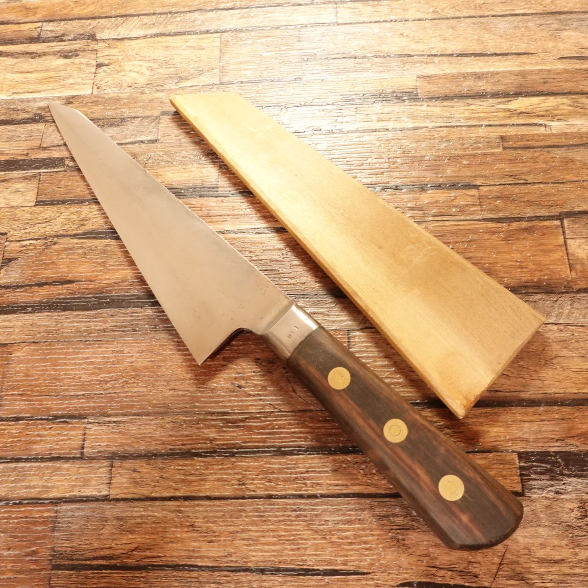 Misono Honesuki Knife, Sharpened, Misono Boning Knife, Swedish Steel, Some Hammer Marks on Spine, Wooden Saya, 180mm