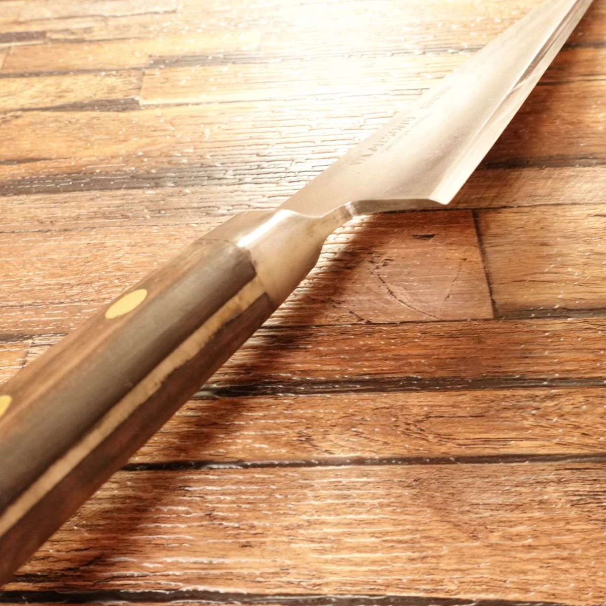 Misono Honesuki Knife, Sharpened, Misono Boning Knife, Swedish Steel, Some Hammer Marks on Spine, Wooden Saya, 180mm