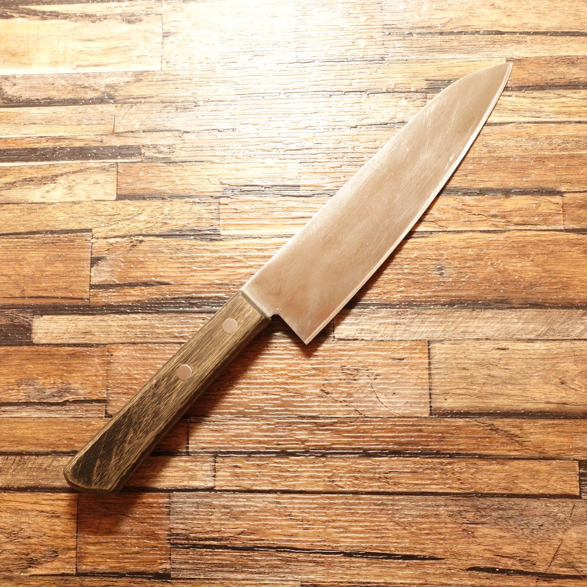 Kikuhiro Santoku Knife, Sharpened, Kanda Kikuhiro, Damascus Pattern, Gyuto-Style, 175mm