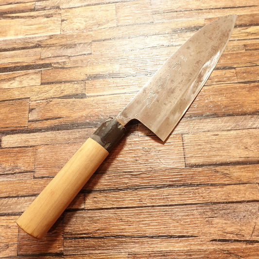 Kikuichimonji Deba Knife, Sharpened, Water Buffalo Handle, Insect Marks Present, 185mm