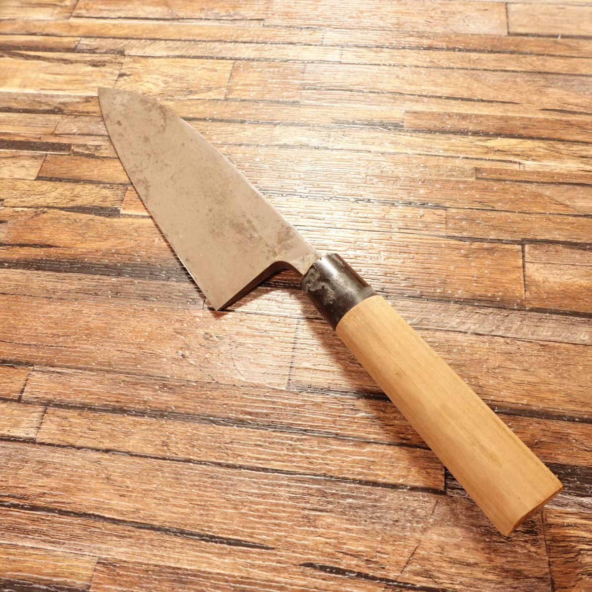 Kikuichimonji Deba Knife, Sharpened, Water Buffalo Handle, Insect Marks Present, 185mm