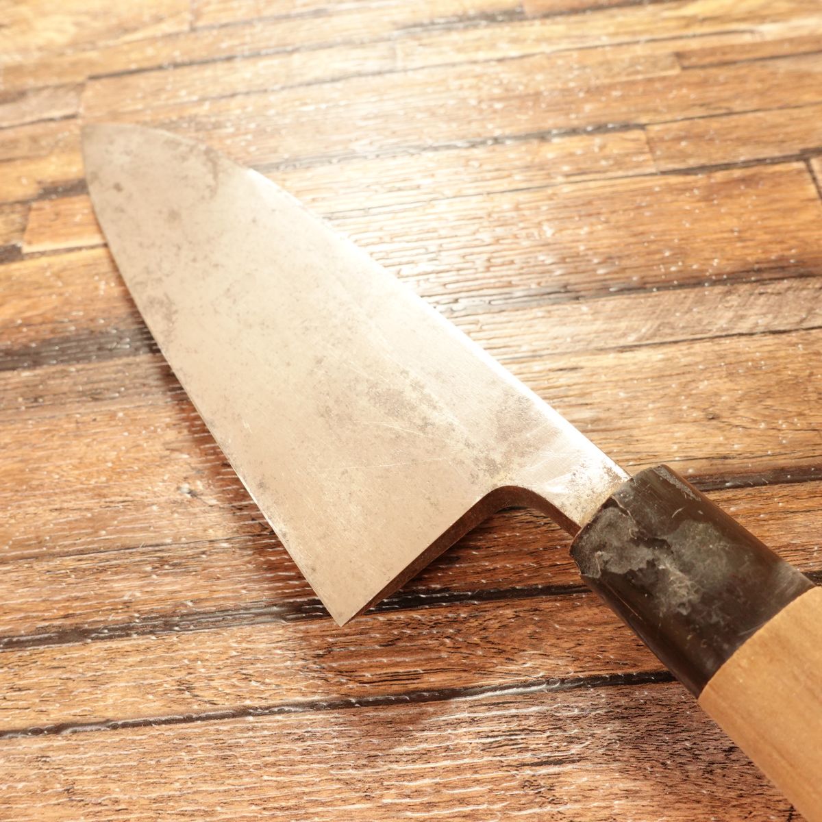 Kikuichimonji Deba Knife, Sharpened, Water Buffalo Handle, Insect Marks Present, 185mm