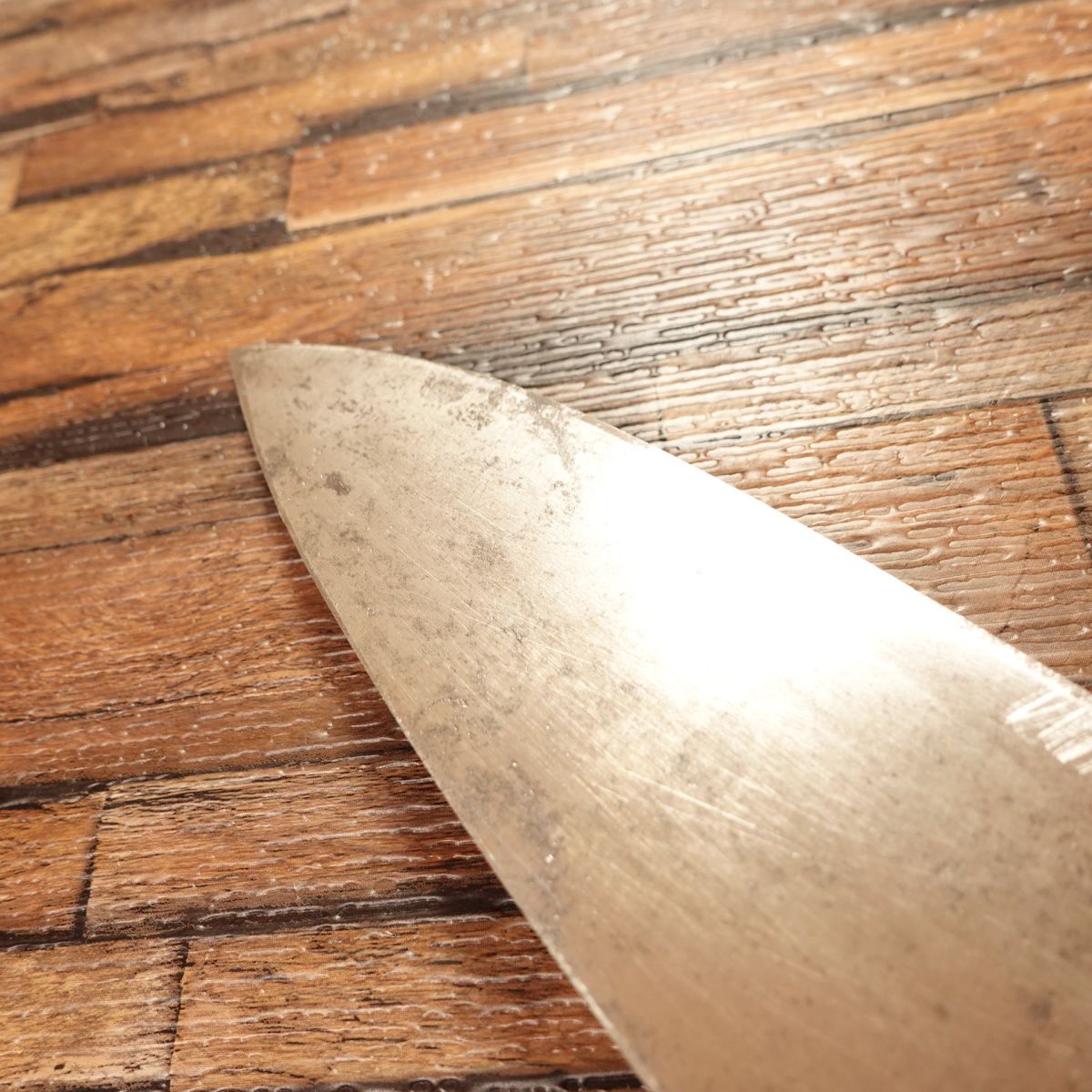 Kikuichimonji Deba Knife, Sharpened, Water Buffalo Handle, Insect Marks Present, 185mm